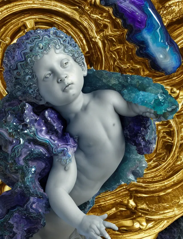 Prompt: a sculpture of a winged child made from blue and emerald and amethyst crystal geode formations with flowing marble water with obsidian base with liquid gold tendrils flowing by carlo maria mariani by stanisław szukalski, octane render, byzantine, spirals, elestial crystals, geode,