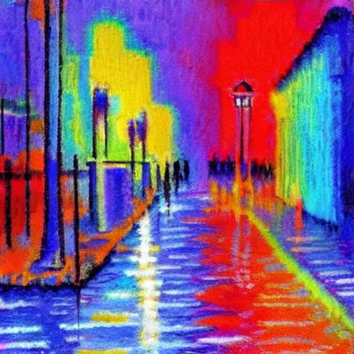 Image similar to streetlamp, rainy, night, kandinsky, impressionist, pastel, high contrast