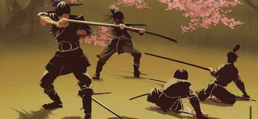 Prompt: a battalion of samurai battle in a cherry blossom forest, digital painting masterpiece, by ilya kuvshinov, by frank frazetta, by mœbius, by reiq, by hayao miyazaki, intricate detail, beautiful brush strokes, advanced lighting technology, 4 k wallpaper, interesting character design, stylized yet realistic anatomy and faces, inspired by kill bill animated scene