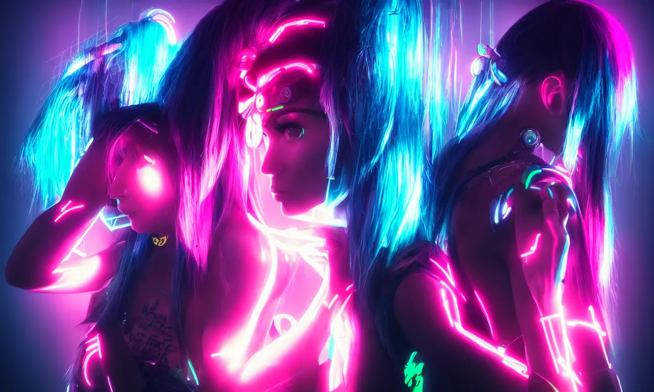 Image similar to neon cyberpunk sailor moon with arm tattoos, 1 / 4 headshot, cinematic lighting, dystopian scifi gear, gloomy, profile picture,