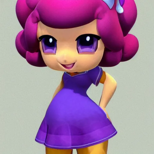 Prompt: The new Nintendo princess twin sister to princess peach and Sofia vegara wearing a royal purple dress who is a gorgeous curvy, thick, and hypnotizing supermodel with deep purple hair from sweeden and a confident and flirty attitude Nintendo concept art. Attractive slightly freckle woman's face. Full body shot detailed video game character art.
