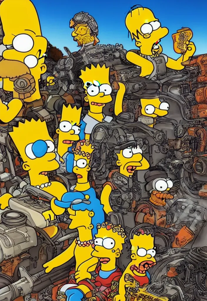 Image similar to Homer, Marge, Bart and Lisa Simpson in Fury Road Road Warrior movie, borderlands 4k render