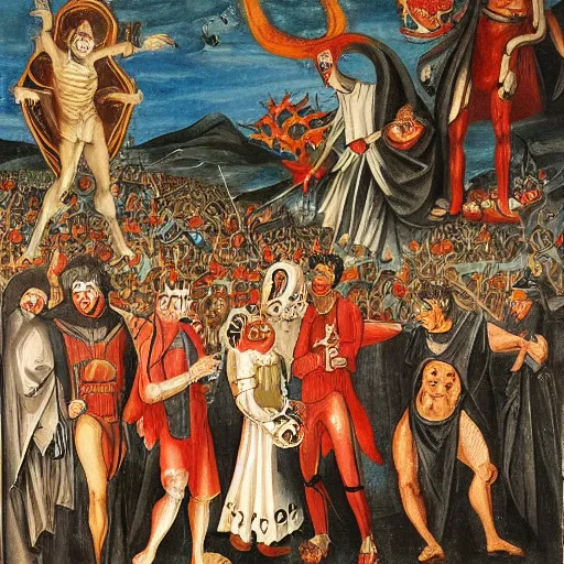 Prompt: danhausen waving to the crowd dante's inferno!!! medieval painting, oil painting