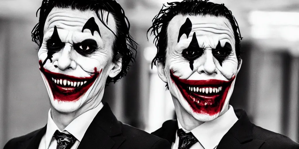 Image similar to joker wearing a suit style, photograph, grinning, creepy,