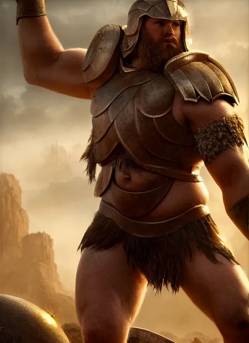 Image similar to full body hyper realistic illustration of Ibai Llanos as a spartan hoplite hero, big guy and big belly, perfect facial symmetry + dim volumetric lighting, 8k octane beautifully detailed render, post-processing, extremely hyperdetailed, intricate, epic composition, grim yet sparkling atmosphere, cinematic lighting + masterpiece, trending on artstation