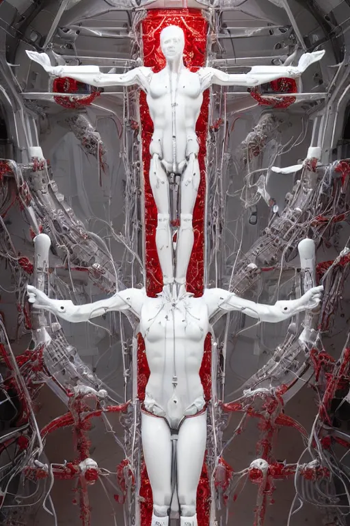 Prompt: white space station interior, cross, a statue jesus on cross made of red marble, perfect symmetrical body, full body shot, inflateble shapes, wires, tubes, veins, jellyfish, white biomechanical details, wearing epic bionic cyborg implants, masterpiece, intricate, biopunk, vogue, highly detailed, artstation, concept art, cyberpunk, octane render