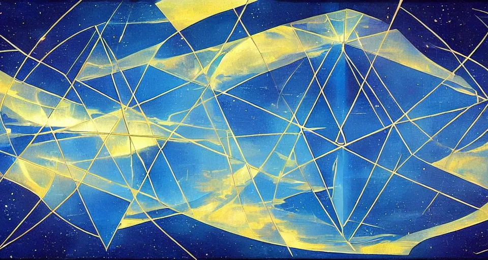 Image similar to hexagonal solar sail in space, blocking the sun, earth in the foreground, art deco painting