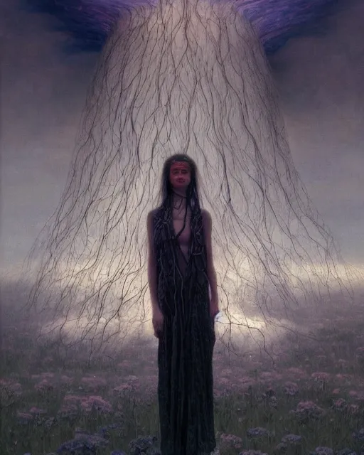 Image similar to A portrait of a woman wearing clothes made out of thunder clouds and flowers, apocalypse, nuclear explosion in the background, liquid skin, Masterpiece, glowing, wires everywhere, by Edgar Maxence and Ross Tran, Zdzisław Beksiński, and Michael Whelan, distant, gustav dore, H.R. Giger, 8k, octane render