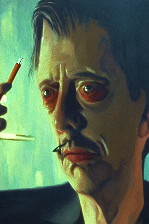 Prompt: oil painting of film still of steve buscemi smoking a cigarette in blade runner, 4 k