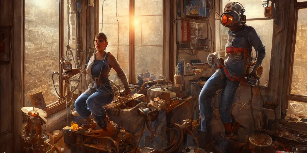 Image similar to highly detailed portrait painting of welder and angelina joile, room mono window, by eddie mendoza and tyler edlin, 8 k resolution