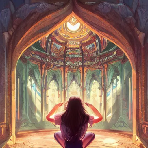 Prompt: Art station concept of a beautiful girl kneeling in front of a religious shrine, Hypnosis, Trance, symmetrical face, smooth body features, by Stanley Artgerm Lau, WLOP, Rossdraws, James Jean, Andrei Riabovitchev, Marc Simonetti, and Sakimichan, trending on artstation