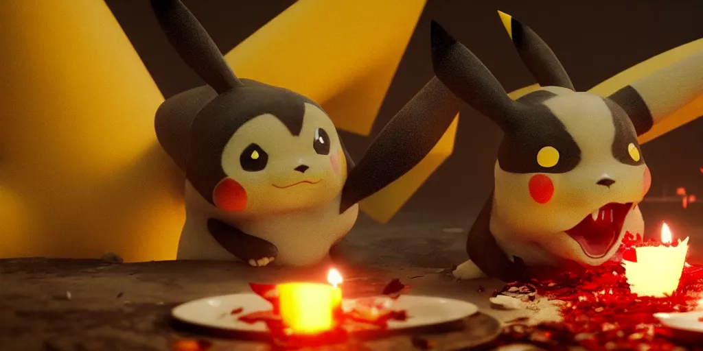 Image similar to pikachu devouring and eating and killing a dog sharp teeth burtal eyes scary mouth dark room red candles trash bin octane unreal engine render 8k photorealistic extreme detail textured