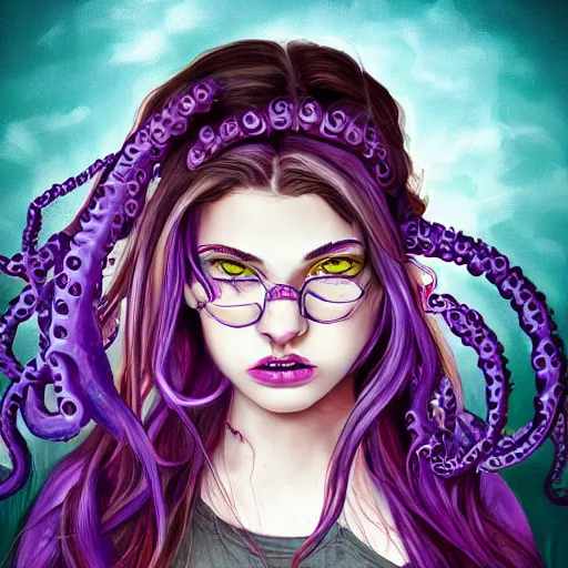 Prompt: artstation young teen with purple eyes and tentacles on her head in fury, very detailed, in glass town, portrait, high contrast, vibrant