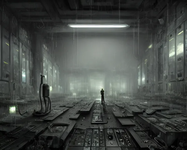 Image similar to gloomy ruined server room in datacenter robot automata rusty steel robot knight colossus welder pacing fixing mono eyed, sharp focus, emitting diodes, smoke, artillery, sparks, racks, system unit, motherboard, by pascal blanche rutkowski repin artstation hyperrealism painting concept art of detailed character design matte painting, 4 k resolution blade runner