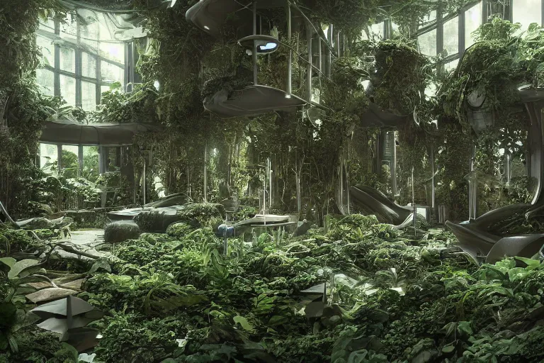 Prompt: inside a spaceship living quarters overgrown with plant life and ivy, artgerm, yoshitaka amano, gothic interior, 8 k, octane render, unreal engine