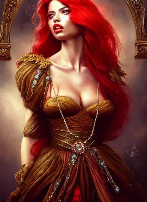 Image similar to a beautiful woman with baroque dress, red hair, gold necklace adorned with sapphires, adriana lima, painted by artgerm and tom bagshaw, fantasy art, dramatic lighting, highly detailed oil painting