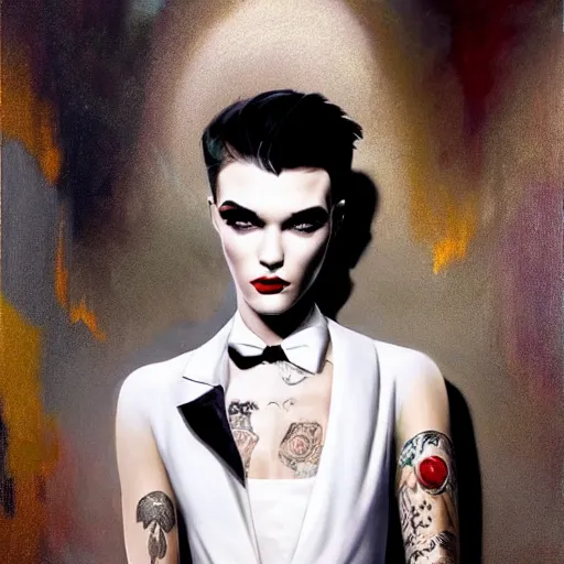 Image similar to stunning portrait of androgynous ruby rose as desire from sandman in a white tuxedo!!!, rockabilly style, by frank moth, by alphonse mucha, by jeremy mann, by peter lindbergh, dave mckean, white suit and black tie, soft lightning, high detailed, 8 k