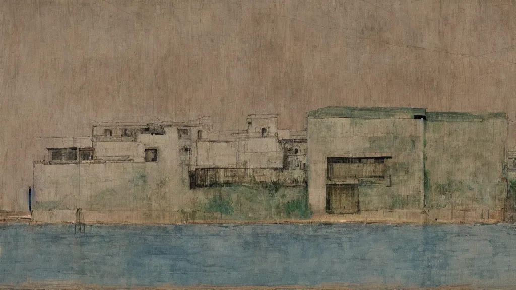 Image similar to a chinese prison near a river by peter doig, muted colors