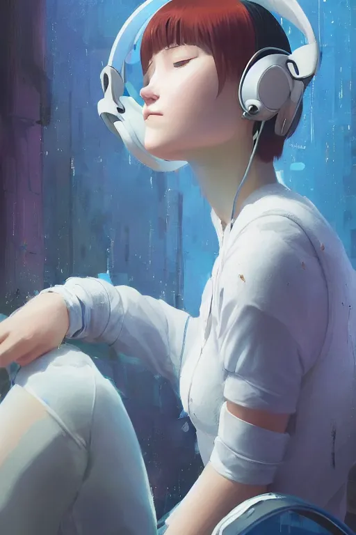 Image similar to a cute young woman listening to music in a bubble chair with her eyes closed and wearing headphones, white bob cut hair, freckles, cyberpunk setting, blue filter, blue and white, vivid colors, soft lighting, cinematic, moody, nier automata, poster, oil on canvas, in the style of Ilya Kuvshinov, Krenz Cushart, Range Murata, 8k