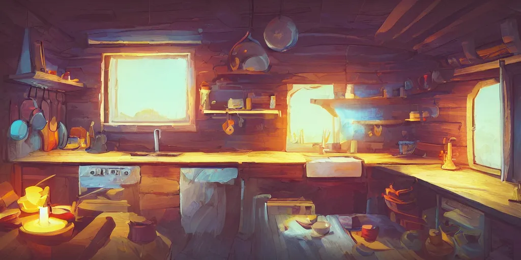 Image similar to epic illustration fisheye lens of a wooden kitchen dim lit by 1 candle in a scenic environment by Anton Fadeev and Steve Purcel
