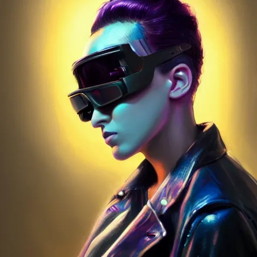 Image similar to very detailed masterpiece closeup painting of a very beautiful young mexican cyberpunk woman with light blue shutter shades, one side haircut, dark purple hair, purple leather jacket, portrait, synthwave background, artstation, concept art by greg rutkowski