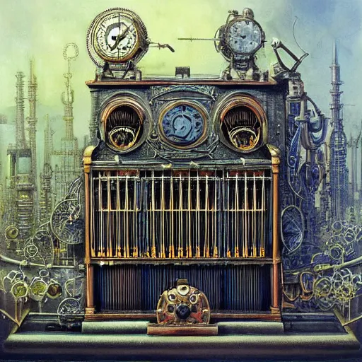 Image similar to steampunk pipe organ lp album art, intricate detail, mechanical, baroque oil painting by alan lee and jim burns