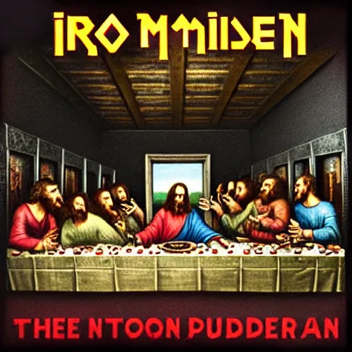 Image similar to the last supper, iron maiden cover album, with undeads