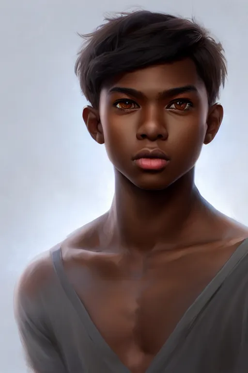 Image similar to young teenager boy with straight short brown hair, dark skin, big lips. highly detailed, d & d, fantasy, highly detailed, digital painting, trending on artstation, concept art, sharp focus, illustration, art by artgerm and greg rutkowski and fuji choko and viktoria gavrilenko and hoang lap