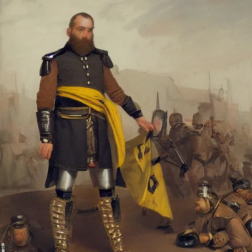 Image similar to Frustrated and acerbic male Imperial sergeant with a short beard wearing a {black and yellow tabard} over a steel breastplate and a black gambeson leaning over a table, by Raymond Swanland Greg Rutkowski, {perfect face}, {perfect eyes}, {perfect body}, {hands planted on war table while standing}, fantasy