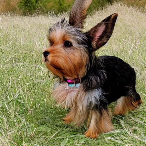 Prompt: a floppy - eared bunny and yorkie dog hybrid, bunny - yorkie, wildlife photography, realistic