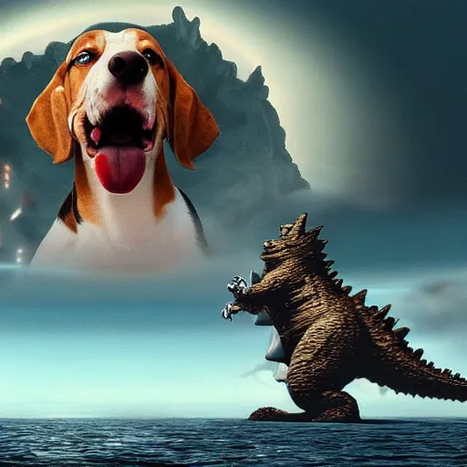 Image similar to gigantic 1 0 0 meters beagle dog fighting with godzilla over the sea, epic cinematic, 4 k, very high detail