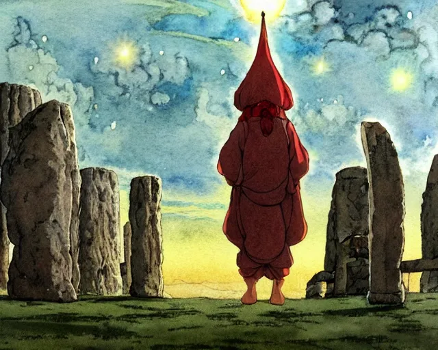 Image similar to a hyperrealist studio ghibli watercolor fantasy concept art of a giant long haired medieval monk with his heads down in lotus position in stonehenge with a starry sky in the background. a giant rocket ship from independence day ( 1 9 9 6 ) is floating in the air. by rebecca guay, michael kaluta, charles vess