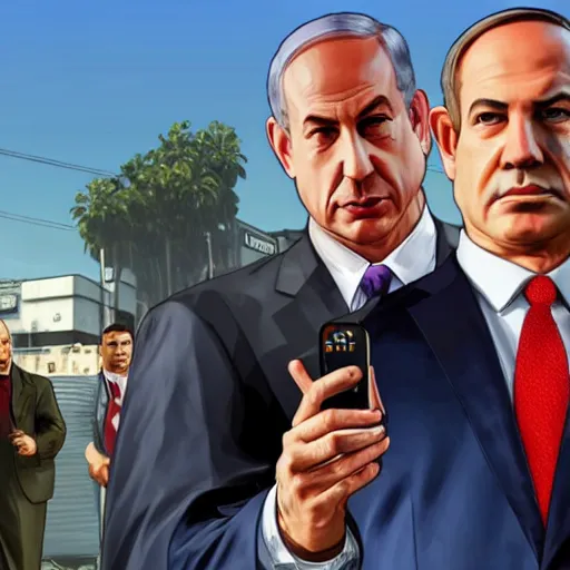 Image similar to GTA V loading screen depicting Benjamin Netanyahu holding a phone and doing a peace sign, hot babes in the background, highly detailed