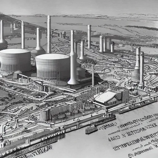 Prompt: utopian nuclear power station in a peaceful city with trams, drones and crowds, in the style of Edwin La Dell, post-war