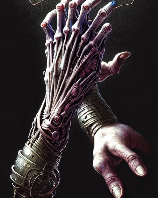 Image similar to human hand and forearm anatomy for artists fantasy character portrait, ultra realistic, cinematic, concept art, wide angle, intricate details, hologram, highly detailed by greg rutkowski, wayne barlowe, aaron horkey, gaston bussiere, craig mullins, simon bisley, arthur rackham