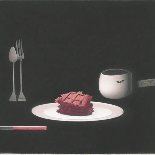 Prompt: a waffle on a plate still-life eyvind earle norman ackroyd dan witz mark ryden tombow pencil drawing