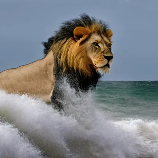 Image similar to a lion's face breaching through a wave, stormy weather