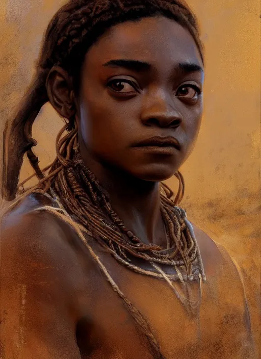 Image similar to black arya stark as himba, intricate, elegant, highly detailed, artstation, concept art, sharp focus, ruan jia, jurgens, orientalism, mucha