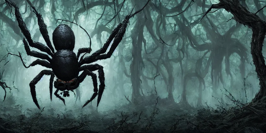 Image similar to huge spider monster in a dark forest, creeping from behind, dark fantasy, 4k, highly detailed, wallpaper, trending on ArtStation, prints available