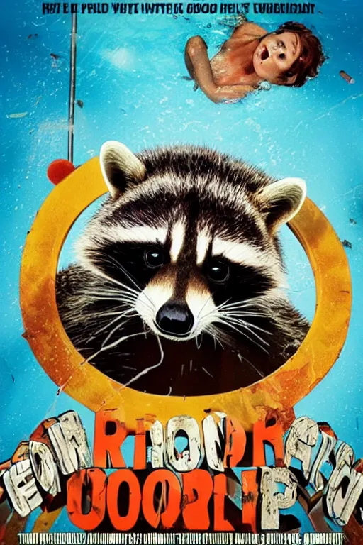 Image similar to raccoon in public pool horror movie poster