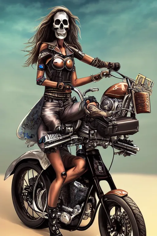 Prompt: woman ride skull motorcycle, high definition, 8 0 m. m lens, realistic, art by jacqueline e, mongezi ncaphayi, color by bo feng lin, trending deviantart