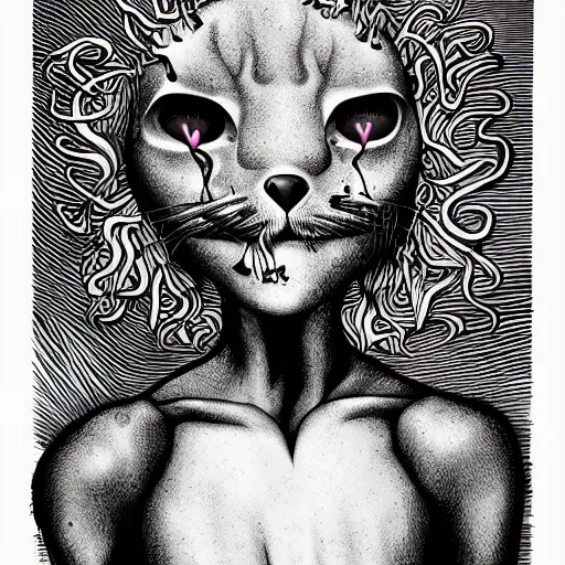 Image similar to grunge cartoon vector sketch of a human mixed with a cat by - zdzisław Beksiński, loony toons style, horror theme, detailed, elegant, intricate