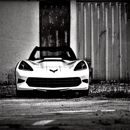 Image similar to black and white press photograph of a rusted abandoned chevrolet corvette 2 0 2 2 on an empty abandoned city street, full view, detailed, natural light, mist, film grain, soft vignette, sigma 5 0 mm f / 1. 4 1 / 1 0 sec shutter, imax 7 0 mm footage