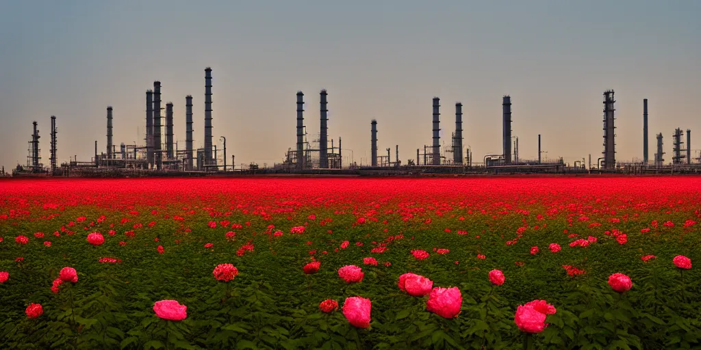 Prompt: a beautiful big field of rosses with in the background industry buildings with dirty smoke fire oil refinery, global illumination, by zeng fanzhi