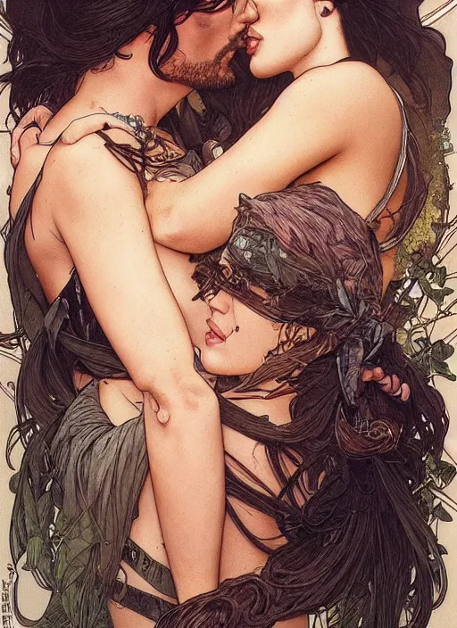 Prompt: megan fox kissing olivia wild. beautiful detailed face. by artgerm and greg rutkowski and alphonse mucha