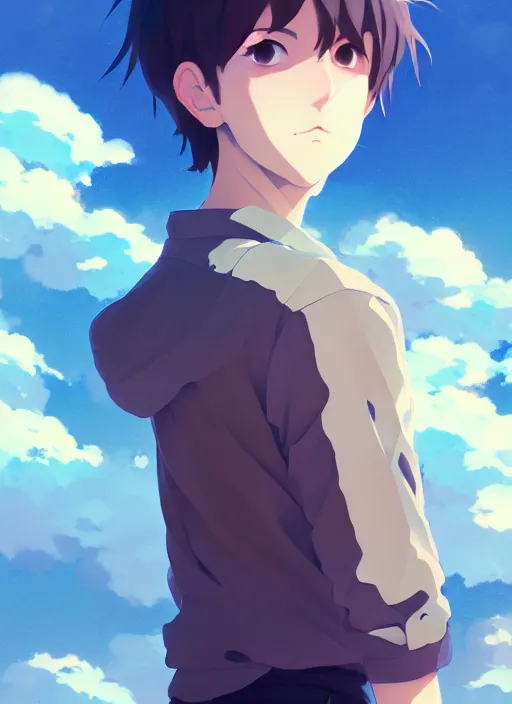 Image similar to portrait of cute boy, cloudy sky background lush landscape illustration concept art anime key visual trending pixiv fanbox by wlop and greg rutkowski and makoto shinkai and studio ghibli