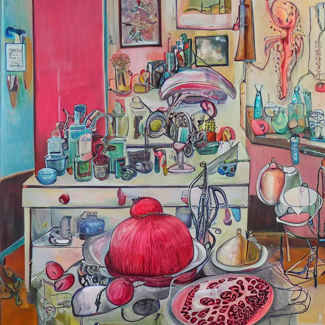 Prompt: a self - portrait in a female artist's bedroom, a pomegranate, brain, surgical equipment, handmade pottery, plants in beakers, feminine, sensual, octopus, squashed berries, pancakes, black underwear, neo - expressionism, surrealism, acrylic and spray paint and oilstick on canvas