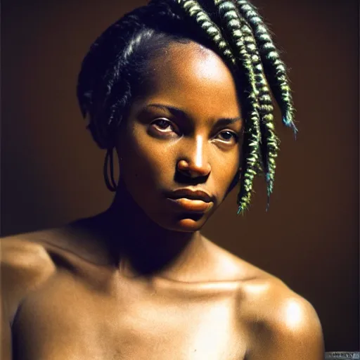 Prompt: beautiful african-american woman with soft skin, cornrows, 8K artistic photography, photorealistic, chiaroscuro, by Steve Mccurry, Joey L, Raphael, Caravaggio