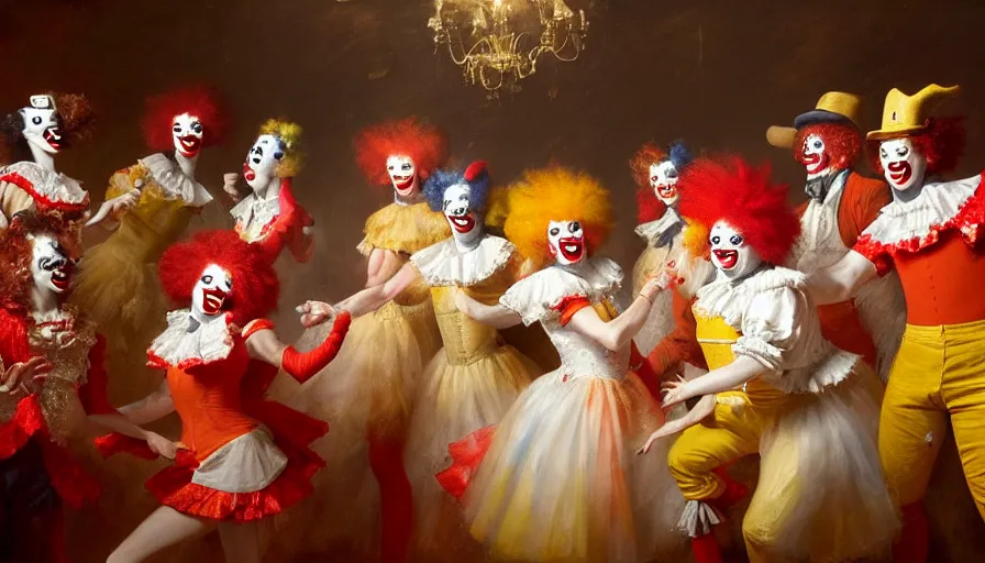 Prompt: highly detailed painting of a group of ronald mcdonald clowns with red afros, white facepaint, red noses and yellow waltzing gracefully at a prestigious event in the ballroom by william turner, by greg rutkowski, by william constable, thick brush strokes and visible paint layers, 4 k resolution