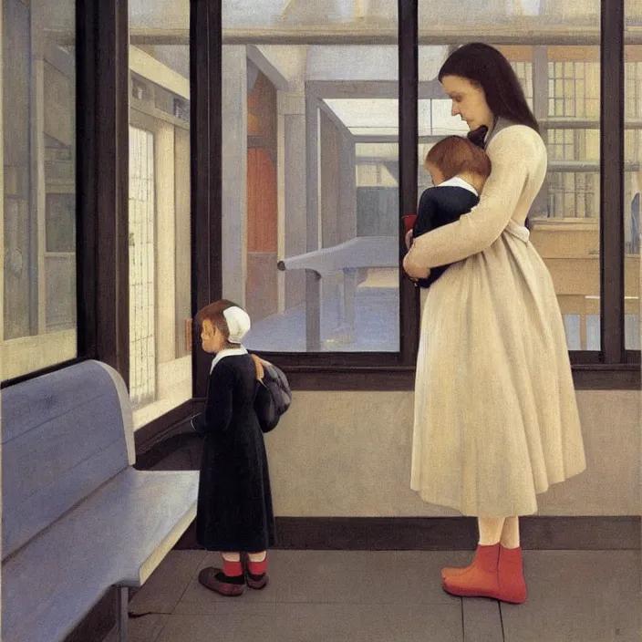 Prompt: mother with child in the train station. painting by hopper, alex colville, balthus